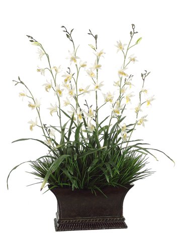 35″ Tropical Artificial White Dendrobium Orchid Silk Flower Arrangement