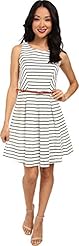 Striped Print Cotton/Polyester/Viscose Belted Lace Skater Dress 