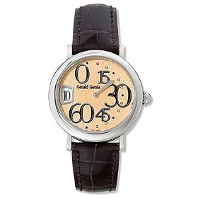 Gerald Genta Arena Retro Ladies' Watch Stainless Steel Beige Guilloche Dial on Brown Leather Strap...