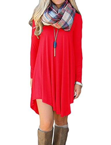 POSESHE Women's Long Sleeve Casual Loose T-Shirt Dress (M, Red)
