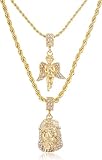 Double Layer Necklace with Iced Out Angel & Jesus Pendants 22-28 Inch Rope Chain Necklace - Goldtone or Silvertone (Goldtone)