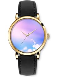 SPRAWL Aanalog Fashion Series Gold Ladies Watches of Genuine Black Leather Strap,Unique Wrist Watch for Women Girls Designed with Circles in twilight background
