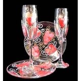 Hearts of Fire Design - Hand Painted - Toasting Flutes - 6 oz. & 7 inch Cake Plates