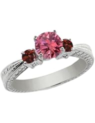 0.99 Ct Round Pink Diamond Red Garnet 14K White Gold 3-Stone Ring