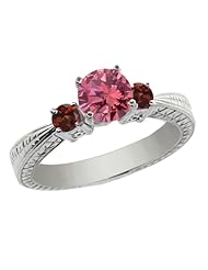 0.99 Ct Round Pink Diamond Red Garnet 925 Sterling Silver 3-Stone Ring