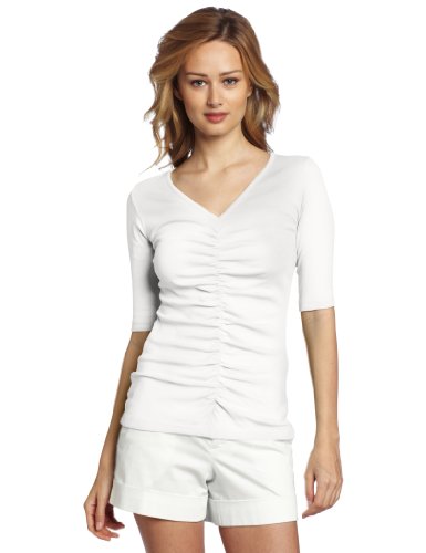 Lilla P Women's Classic Elbow Sleeve Ruched V-Neck Shirt