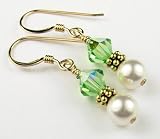 August PERIDOT Gold Filled Swarovski Crystal Beaded Birthstone Pearl Drop Earrings