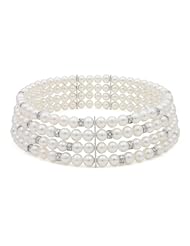.925 Sterling Silver Freshwater Pearl Four Row Open Collar with Sparkling Rondels QN-10364-AM