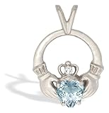 14K White Gold Genuine Heart Aquamarine and Diamond Celtic Claddagh Pendant