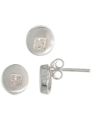 Sterling Silver Matte-finish Round-shaped Earrings (7mm) & Pendant Slide (8mm) Set, w/ Princess Cut CZ Stones