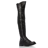 V-Luxury Womens 11-TRAVIS05 Closed Toe Over The Knee Low Heel Military Boot Shoes, Black PU Leather, 6.5 B (M) US