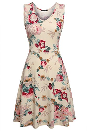 ACEVOG Women's Sleeveless Flower Printed Vintage Cocatail Flare Dresses Beige XL