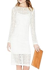 Empire   Waistline Slit Fitted Lace Knee Length Round Neck Long Sleeves Polyester  Dress