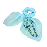 100% Silk Crepe Embroidered Plum Blossom Square Neckerchief Scarf - Light Blue