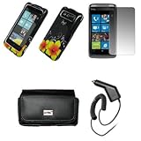 IMAGE OF EMPIRE Black Leather Case Pouch with Belt Clip and Belt Loops + Carbon Fiber Purple with Yellow Flowers Design Snap-On Cover Case + Screen Protector + Car Charger (CLA) for HTC Trophy T8686
