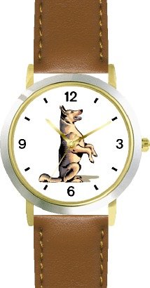 German Shepherd Dog - WATCHBUDDY® DELUXE TWO-TONE THEME WATCH - Arabic Numbers - Brown Leather Strap-Size-Large ( Men