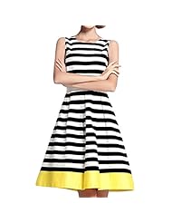 Knee Length Fit-and-Flare Striped Print Pleated Lace Colorblocking Sleeveless Linen/Polyester Party Dress 