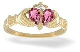 14K Yellow Gold Genuine Pear Pink Tourmaline and Diamond Celtic Claddagh Ring