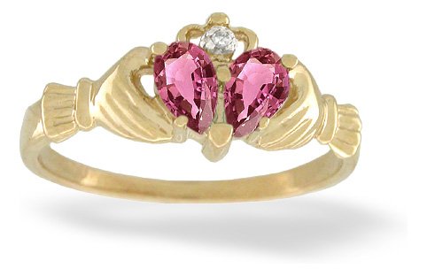 14K Yellow Gold Genuine Pear Pink Tourmaline and Diamond Celtic Claddagh Ring