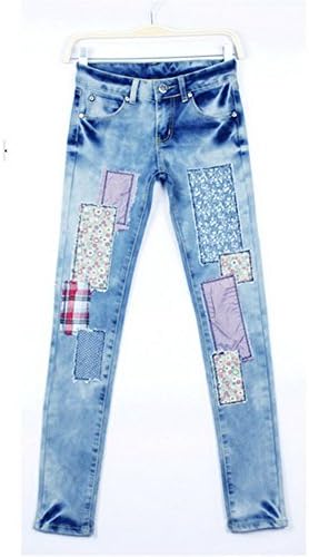 D Zroid Color Patch Pants Women Trousers Worn-out Pants Female's Jeans Blue L