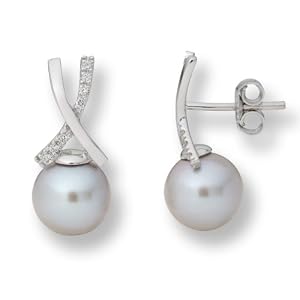 Miore M0843B - Pendientes de mujer de oro blanco (18k) con 16 diamantes y perla de agua dulce (2 perlas)