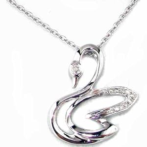 Solid 9ct White Gold Designer Swan Diamond Set Pendant & 18