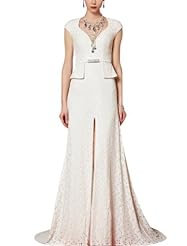 A-line V-neck Lace Beaded Backless Cocktail Floor Length Homecoming Dress/Pageant Dress/Prom Dress/Party Dress/Wedding Dress 