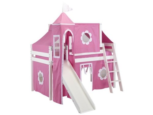 Low Loft Castle Bed with Curtain, Top Tent, Tower and Slide -Pink and White