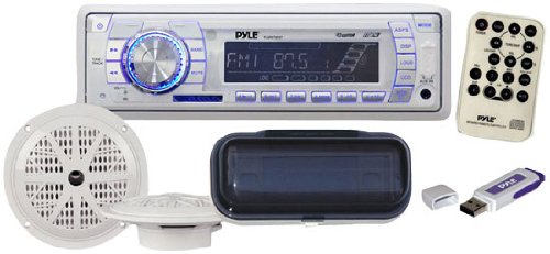 Pyle PLMRKIT101 In-Dash Marine AM/FM PLL Tuning Radio with USB/SD/MMC Reader, Stereo Cover, 6.5-Inch Speakers, and  USB Drive