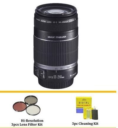 Canon EF-S 55-250mm f/4-5.6 IS Telephoto Zoom Lens + 58MM 3 Piece Filter Kit + Lens Cleaning Kit + Free Screen protectors