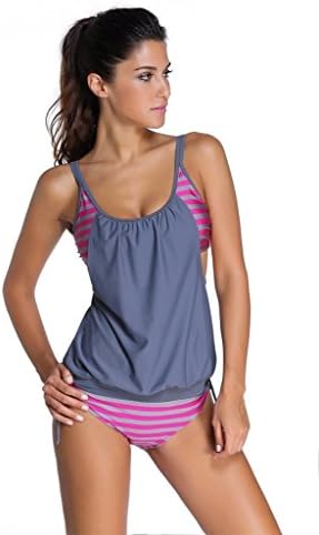 AisuVolvo Women's Stripes Lined Up Double Up Tankini Vintage Swimsuits Swimwear Bikini (XL, Grey)
