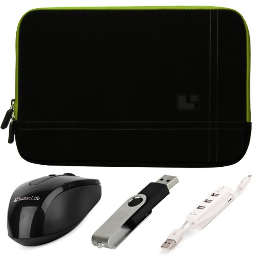 Green Trim SumacLife Microsuede Sleeve with Neoprene Bubble Padding for Asus UX52VS 15.6-inch Multimedia Ultrabook Notebook + Black SumacLife Wireless USB Mouse and Adapter + Black 4GB Flash Memory Thumbdrive + Kallin Universal 3 Port USB Hub with Micro USB Charger Cable