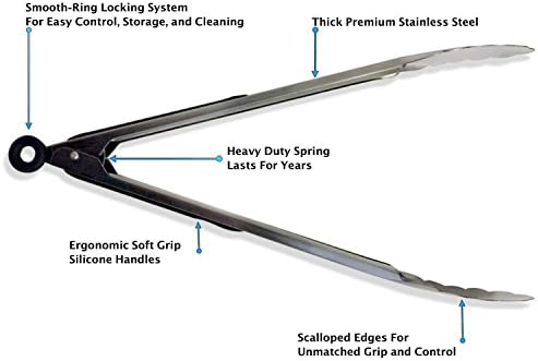 PCXX Gourmet Quality Stainless Grill &amp; Kitchen Tongs 2 Pack (12-Inch &amp; 16-Inch)