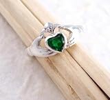Sterling Silver Claddagh Emerald Green Crystal Ring, Size 6