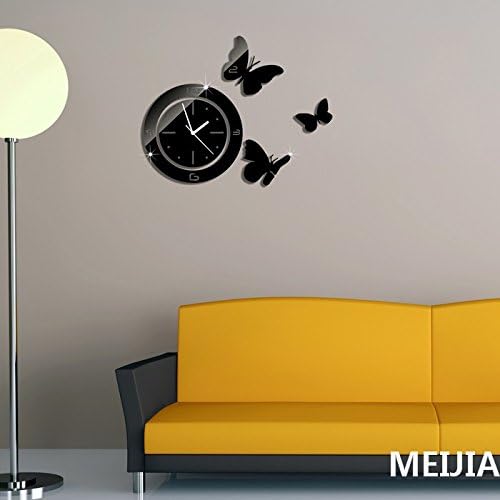 MEIJIA(TM) Black Rounds With Butterflies Art Mordern Luxury Design DIY Removable 3D Crystal Mirror Wall Clock Wall Sticker Living Room Bedroom Décor Hourseholds Decoration