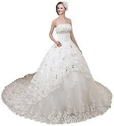 Strapless Applique Lace Beaded Crystal   Ball Gown Wedding Dress 