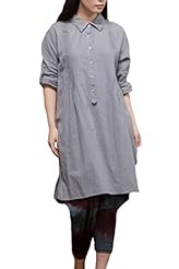 Cotton/Linen Knee Length Long Sleeves  Shirt  Dress