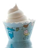 It's a Boy Baby Shower Cupcake Wrappers - Set of 12 - Blue Onesie, Bib, Socks, Stroller Carriage & Birds
