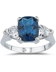 3.03 Cts London Blue Topaz & 2.20 Cts White Topaz Three Stone Ring in 14K White Gold