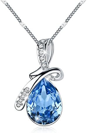 Liekkas Womens Gem Sterling Silver Angel Tears Drop Pendant Female Austria Crystal Pendant Clavicle Necklace (Sea-blue)