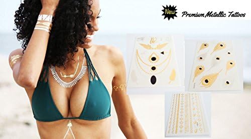 Metallic Temporary Tattoo (3 Sheets) - Over 30+ Beautiful Premium Metallic Tattoos - Flashy Tattoos Black, Silver & Gold Body Jewelry Style 2