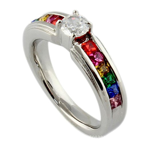 UM Jewelry CZ Crystal Lesbian Pride Rainbow Ring Stainless Steel Gay Wedding Band