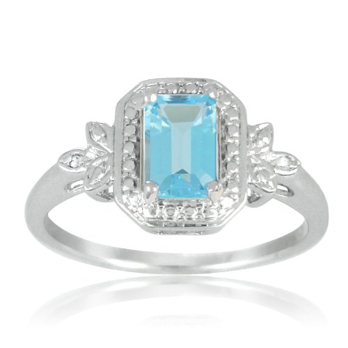 Sterling Silver Swiss Blue Topaz and White Diamond Ring, Size 7