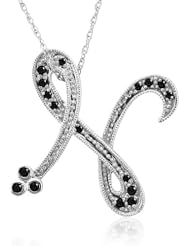 14k White Gold Alphabet Initial Letter N Black Diamond Pendant Necklace-0.12 carat