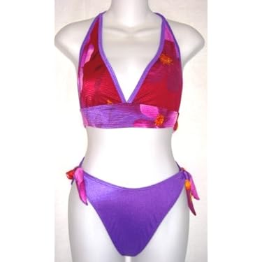 Juniors 2 Pc Halter Topbow Side Modified Bottom Swimsuit Blue Floral