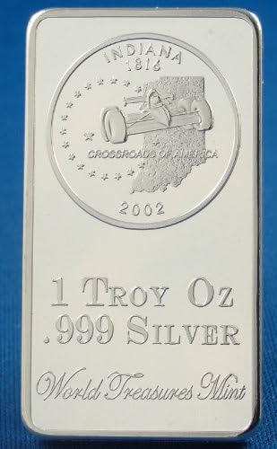 1 Troy Ounce .999 Silver Clad Ingot Bar, Indiana, 2002 - World Treasures Mint's U.S. State Quarter Bar Design