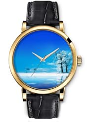 SPRAWL Aanalog Fashion Series Gold Ladies Watches of Genuine Black Leather Strap,Unique Wrist Watch for Women Girls Designed with White trees and blue sky