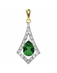 14K Two-Tone Gold Pear Cut Chatham Created Emerald and Diamond Pendant -- LIFETIME WARRANTY