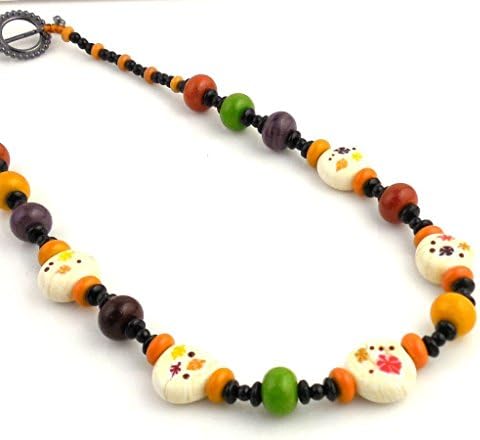 Handmade One of a Kind Falling Leaves Beaded Holiday Lampwork Art Glass Necklace 22 Inches Long With Toggle Clasp