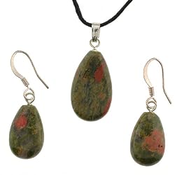 Unakite Flatdrop Shaped Pendant and Earrings Set - Pendant - 13x22mm, Earrings - 11x17mm - Adjustable Cord Necklace